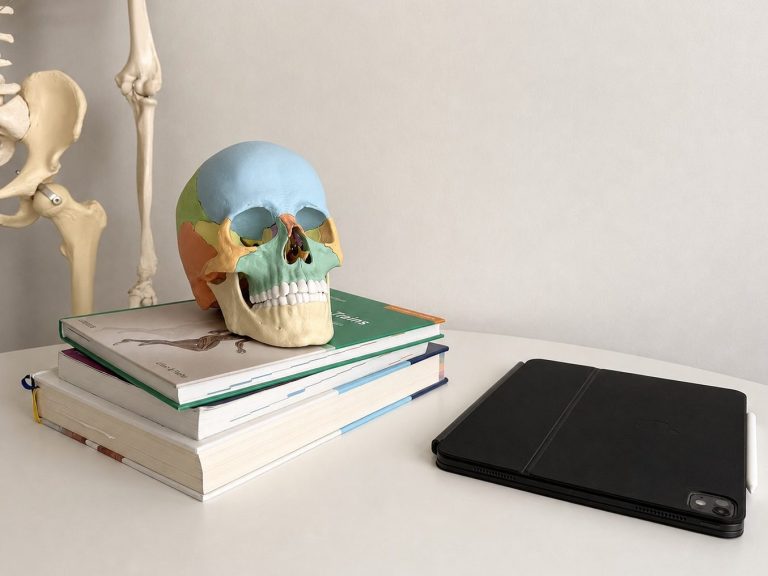Osteopathie-Ausbildung und Vorbereitung auf die Heilpraktikerprüfung | PhysioNico Köln Schädelmodell auf anatomischen Fachbüchern neben iPad und Skelett als Symbol für die Weiterbildung bei PhysioNico